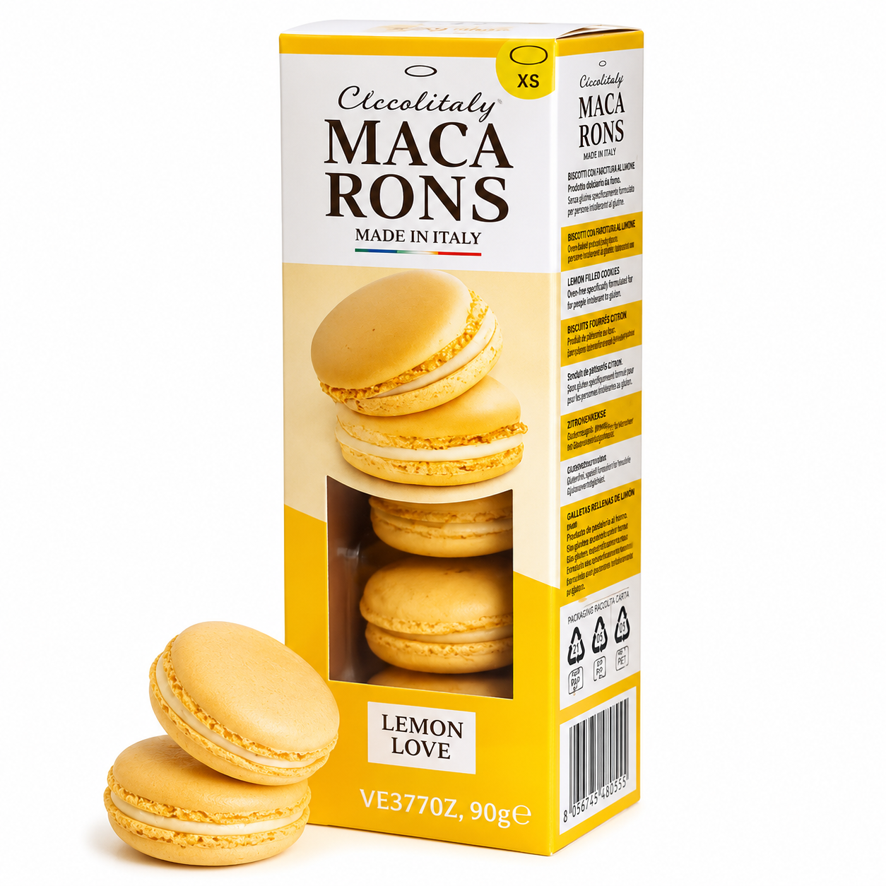 Macarons, Limonengeschmack, Keksbox, Made in Italy, Gelbes Verpackung