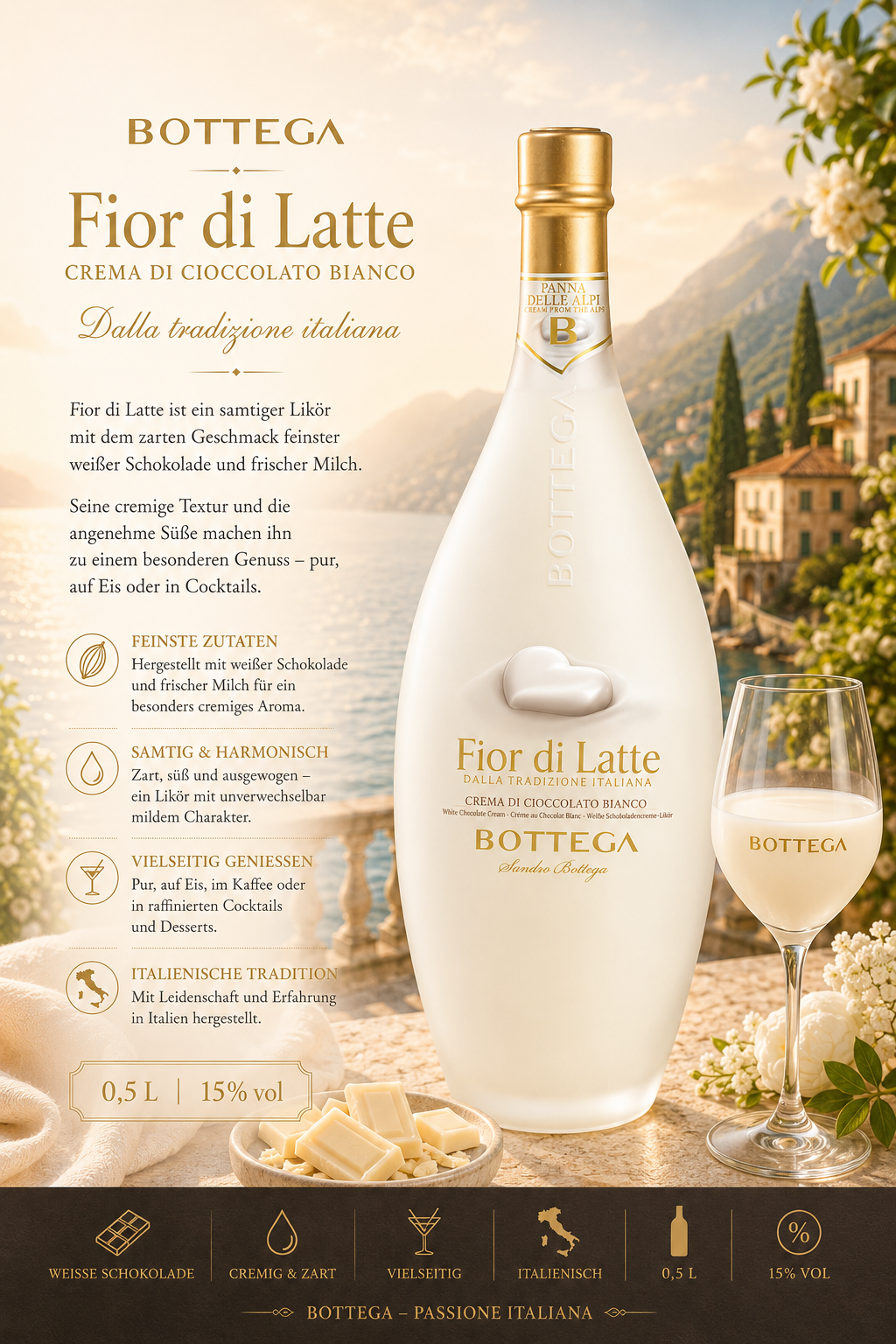 Likör, Milchlikör, Fior di Latte, Crema di cioccolato bianco, Italienische Tradition