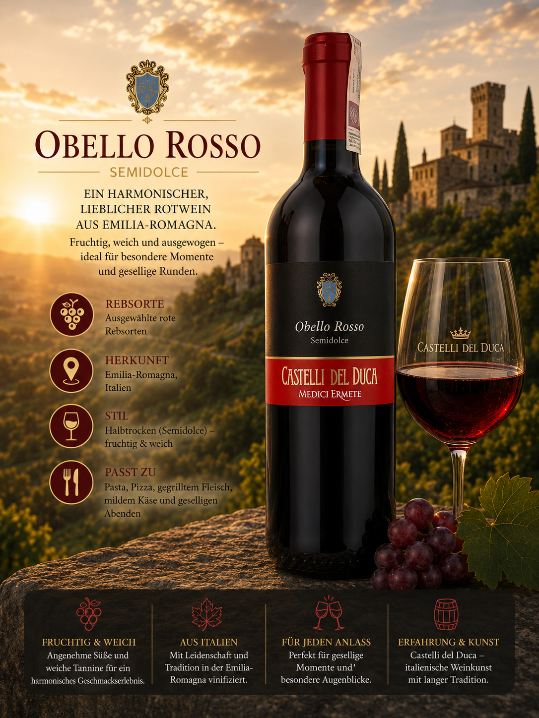 Rotwein, Halbtrocken?, Castelli Del Duca, Weinflasche, Glas Wein