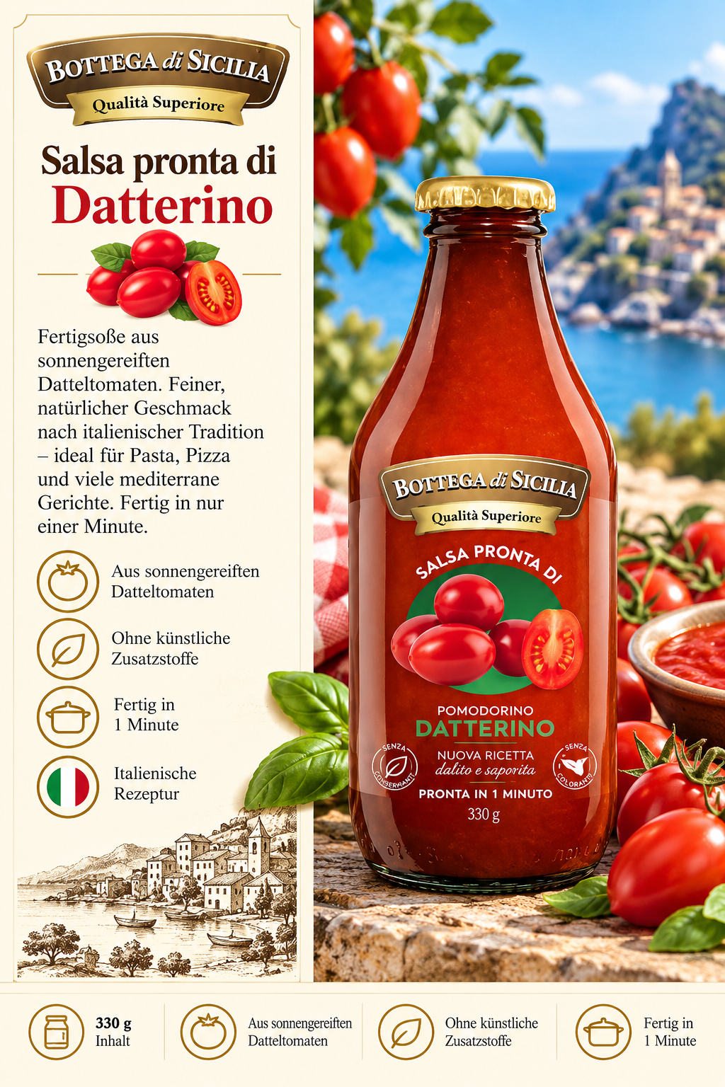 Salsa pronta, Datterino, Tomatensauce, Glasflasche, Italienische Küche