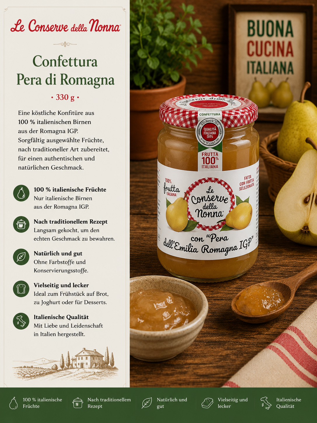 Pärchen Konfitüre, Birnenkonfitüre, Glas jar, Italienische Qualität, Frutta 100% Italia