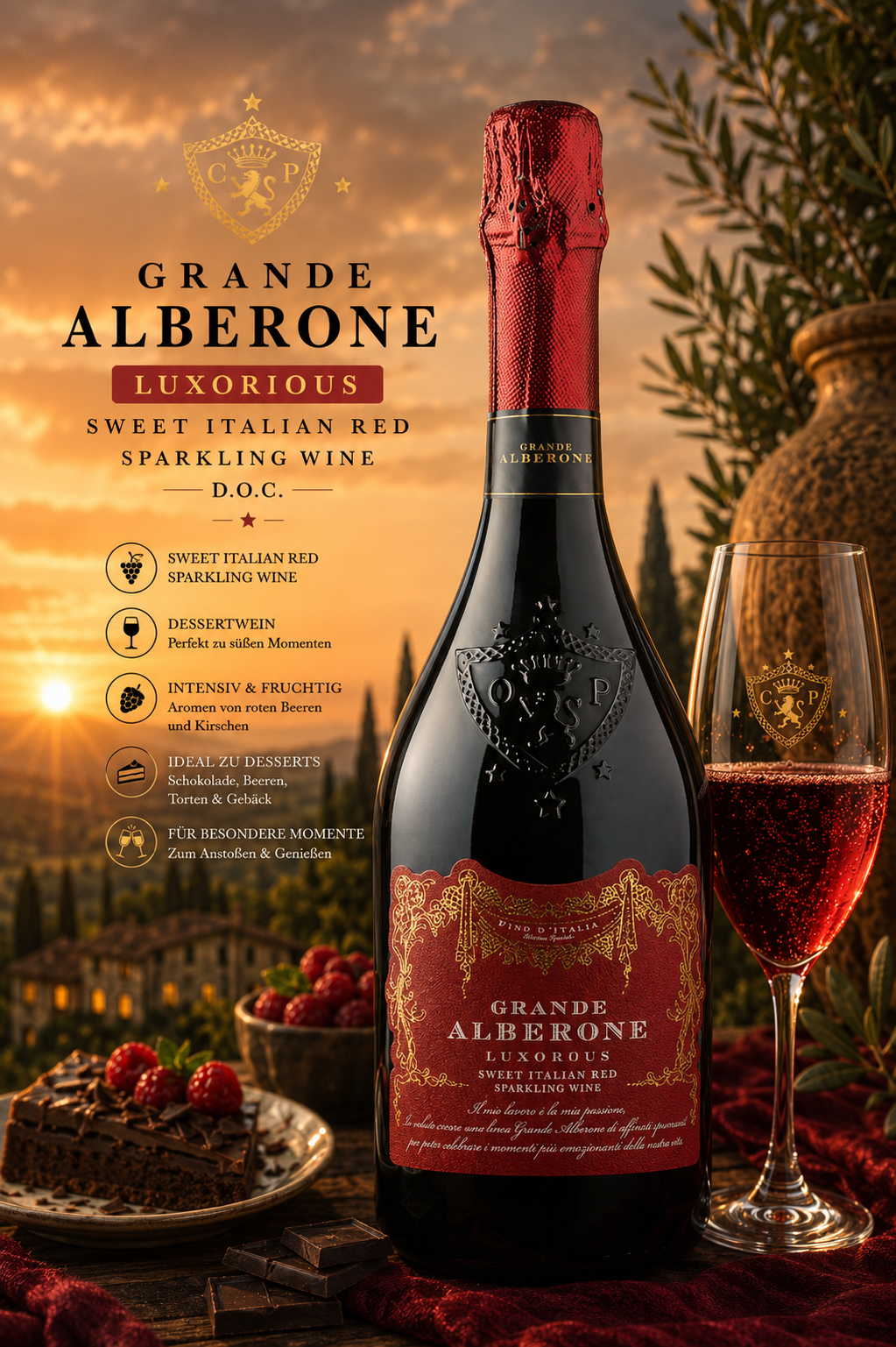 Sekt, Sparkling wine, Rotwein, Verpackung Rot, Flasche mit Etikett