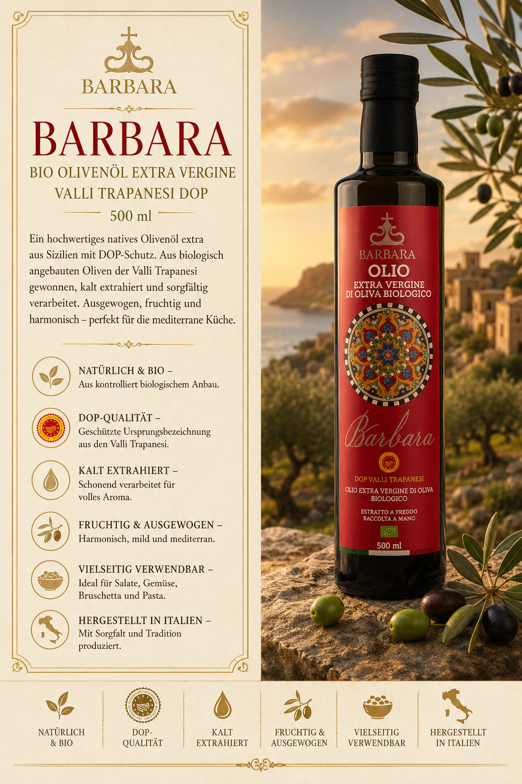 Olivenöl, Extra Vergine, Bio, Valli Trapanesi, Olivenölflasche