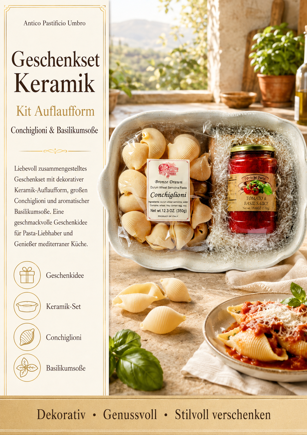 Pastificio, Keramik-Set, Conchiglioni, Basilikumssoße, Tomate-Basil-Sauce