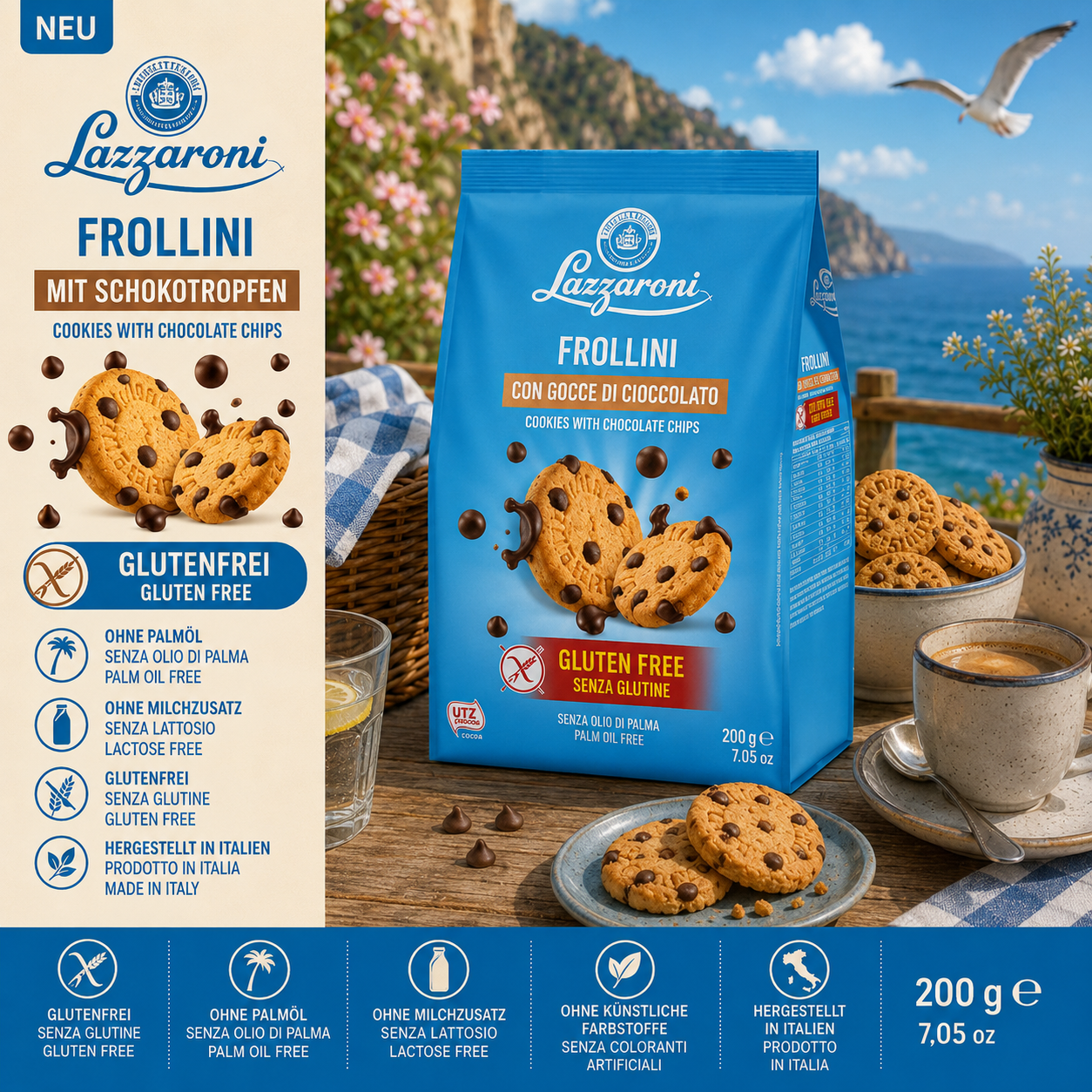 Cookies with chocolate chips, Glutenfrei, Schokoladenstücke, Italienisch, Verpackung