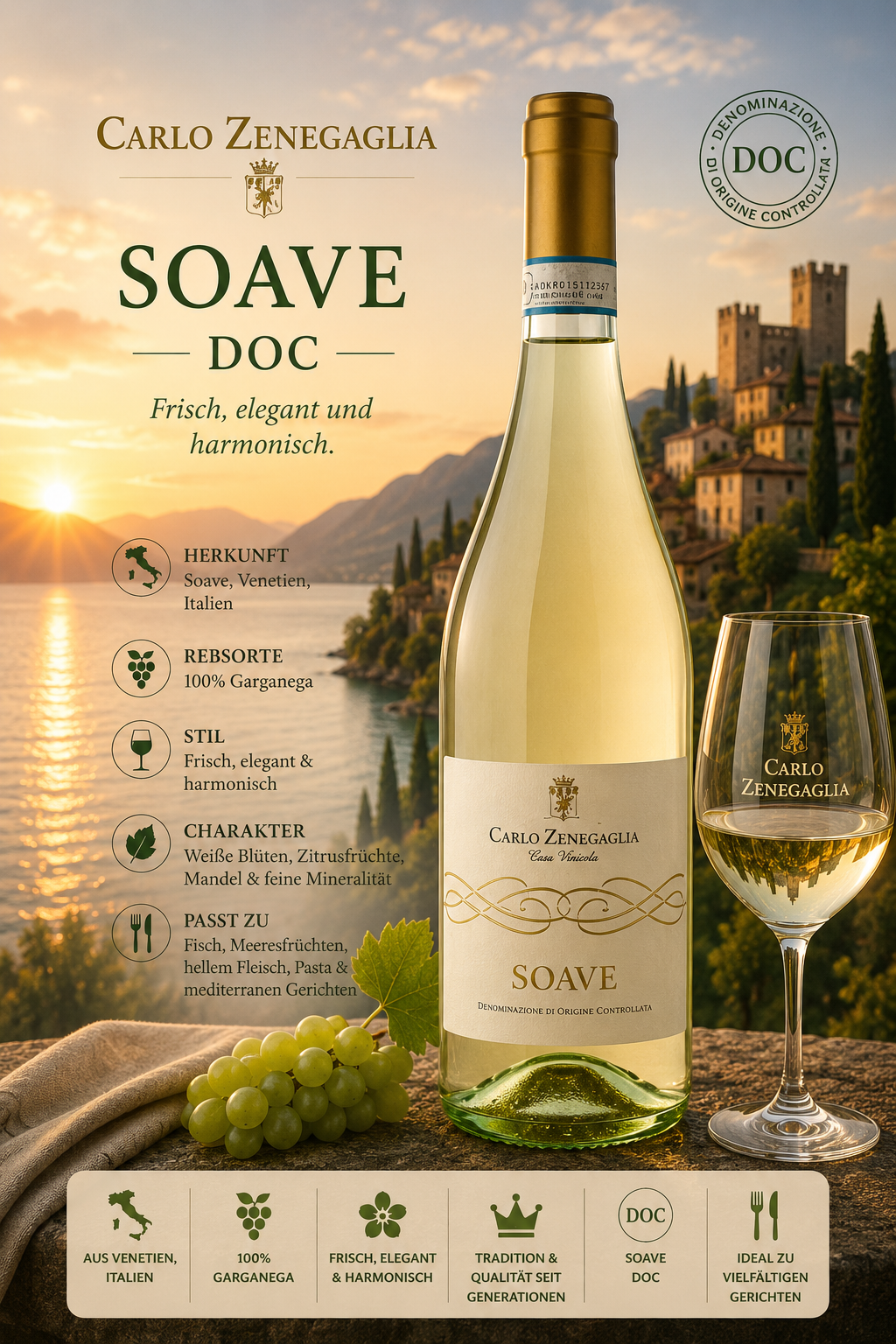 Weißwein, Soave, Weißweinflasche, Glaswein, Italienischer Wein