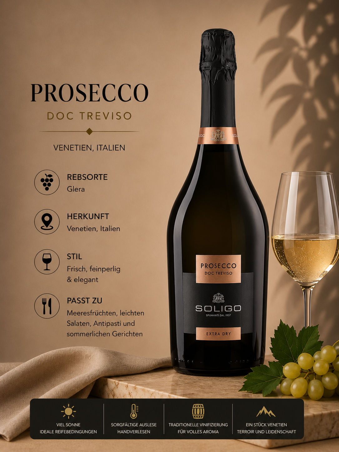 Prosecco, Sekt, Weinflasche, Glas Wein, Gruppe Trauben