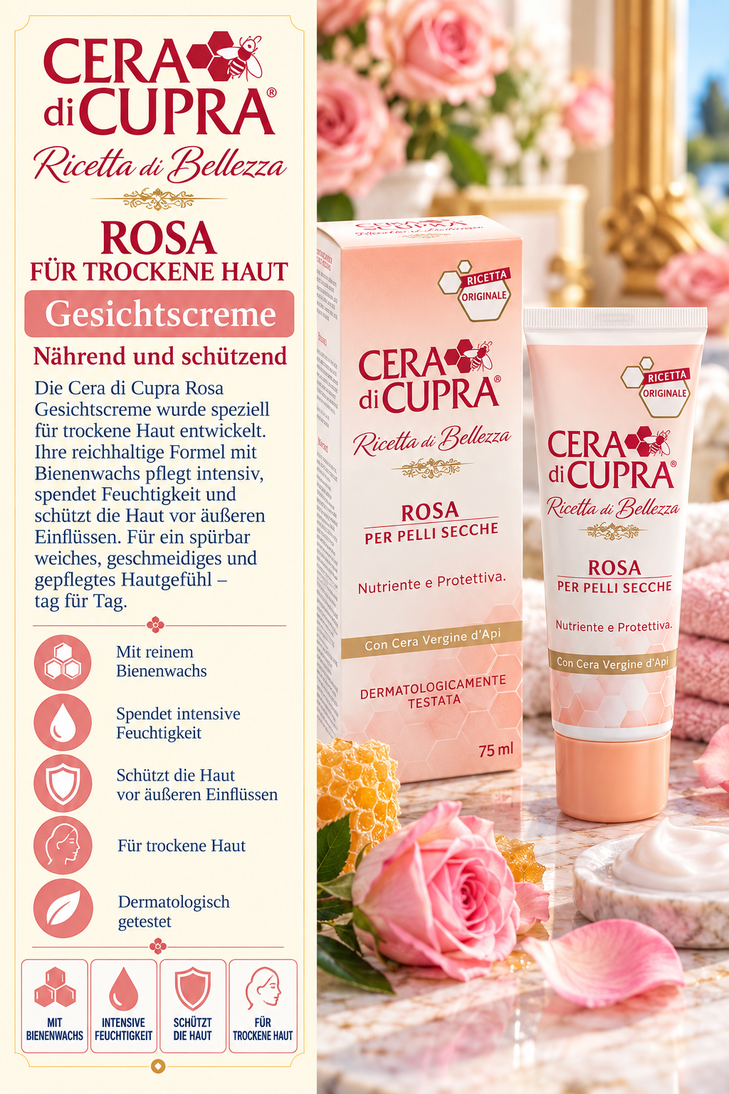 Gesichtscreme, Rosa, Für trockene Haut, Dermatologisch getestet, Nährend und schützend