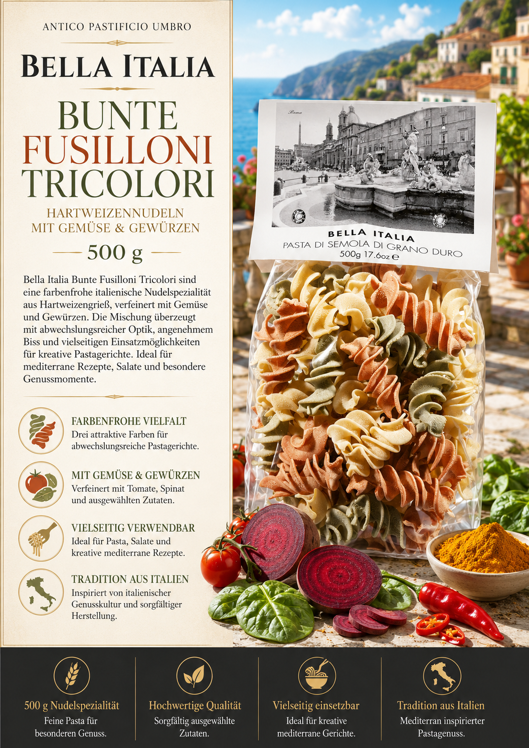 Nudeln, Pasta-Mischung, Trikolore Nudeln, buntes Pasta, 500 g
