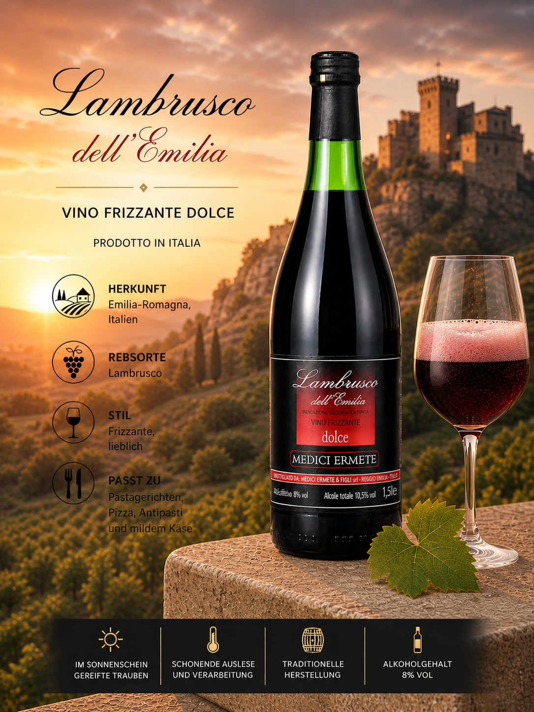 Weinflasche, Dolce-Wein, Lambrusco, Flaschenetikett, Weinglas