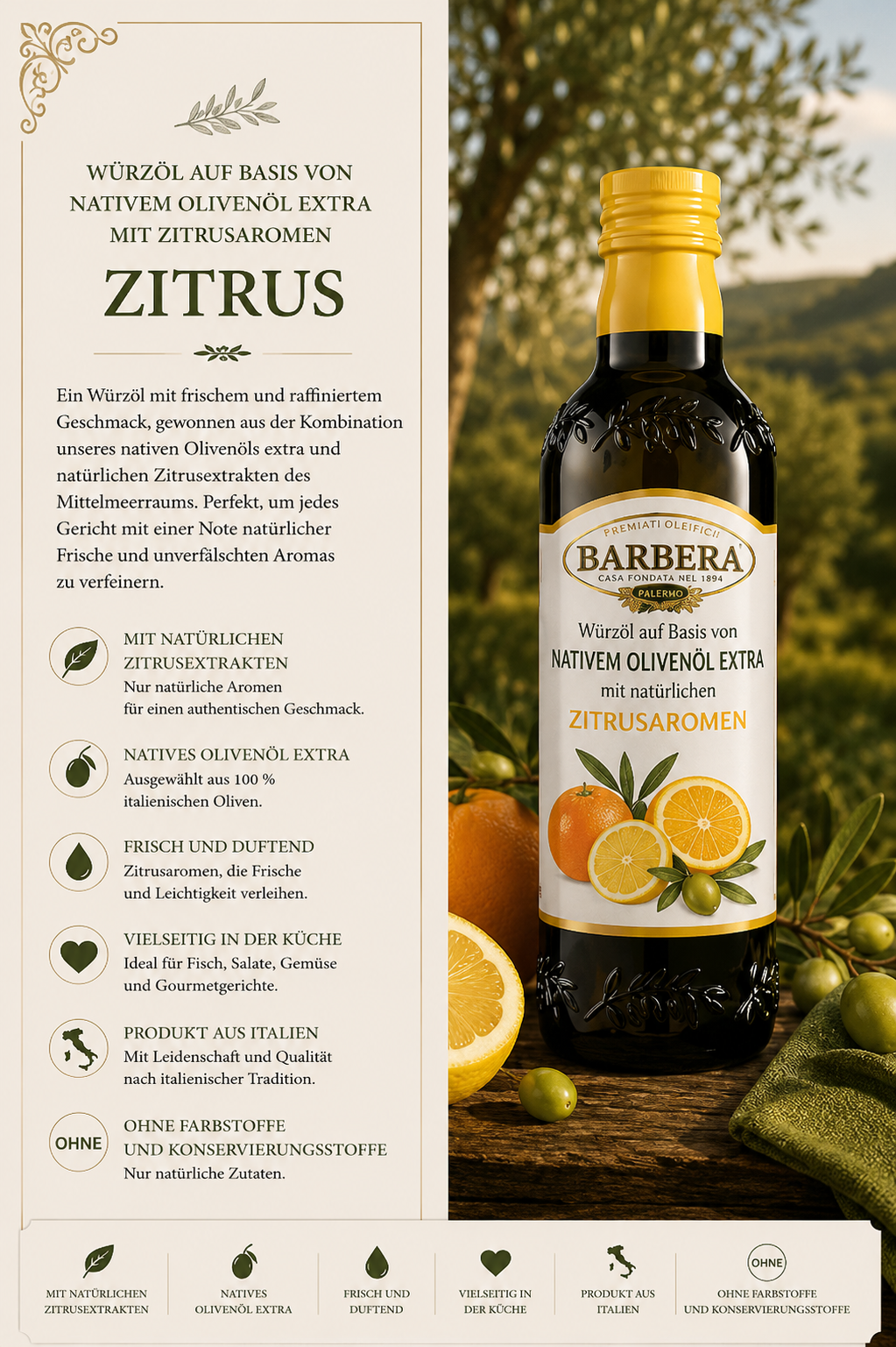 Zitrus, Olivenöl, Würze, Zitronenaromen, Barbera