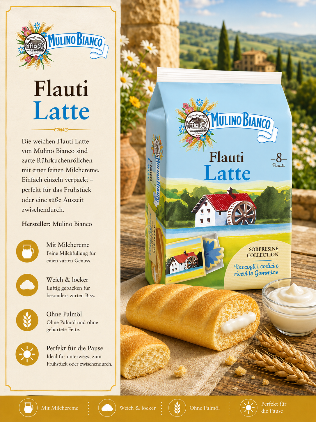 Latte, Flauti, Milchcreme, Keksrolle, Packung