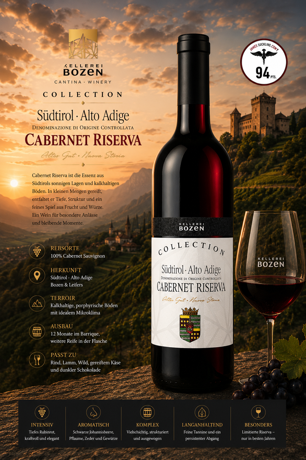 cabernet riserva, weinflasche, rotwein, altodiige, kollektion Bozen