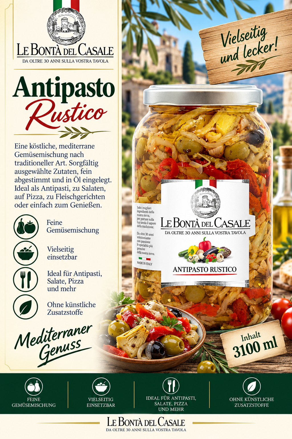 Antipasto, Rustico, Gemüsemischung, Oliven, Pasta-Salat