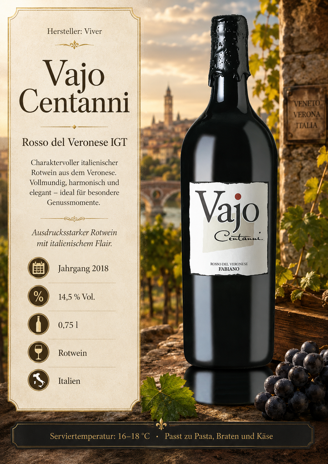 Rotwein, Veronese, Verona, Italienisches Rotweinflasche, Weinbild