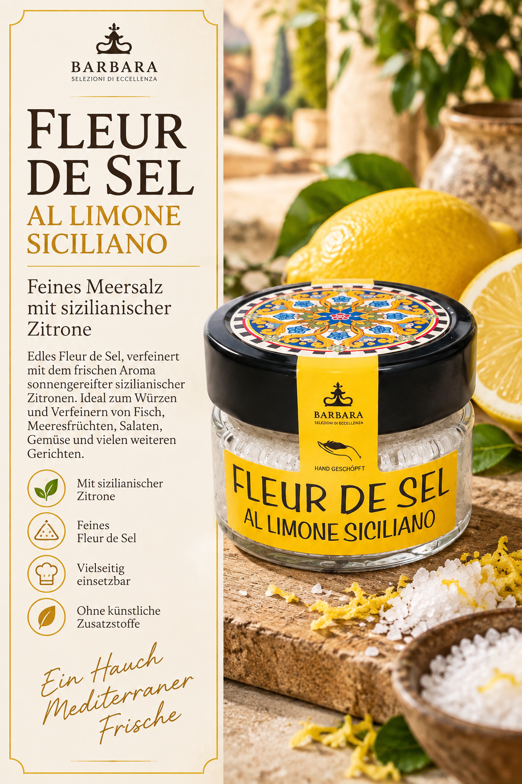 Fleur de Sel, Salz, Limone Siciliano, Glasbehälter, Zitrone