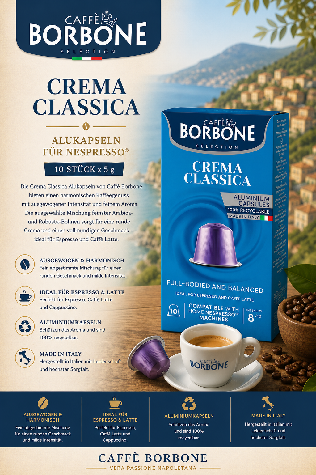 Kaffeekapseln, Alukapseln, Crema Classica, Espresso, Vorrat 10x5g