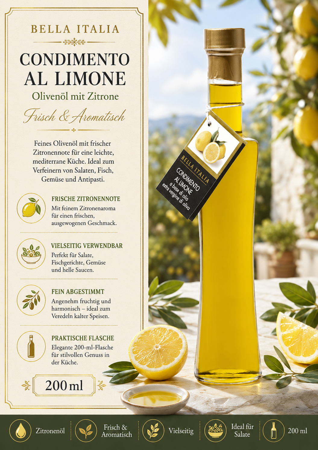 Limone Öl, Olivenöl, Zitronennote, Flasche 200 ml, Bella Italia Branding not to be included?