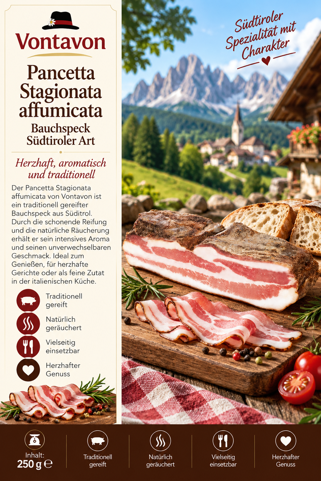 Bauchschinken, Speck, Pancetta, Italienische Küche, traditionell gereift