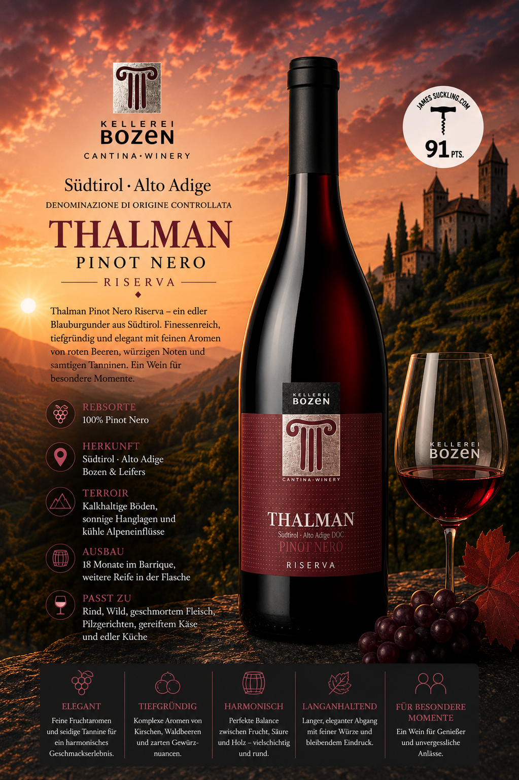 Pinot Noir, Rotwein, Weinflasche, Trauben, Weinglas