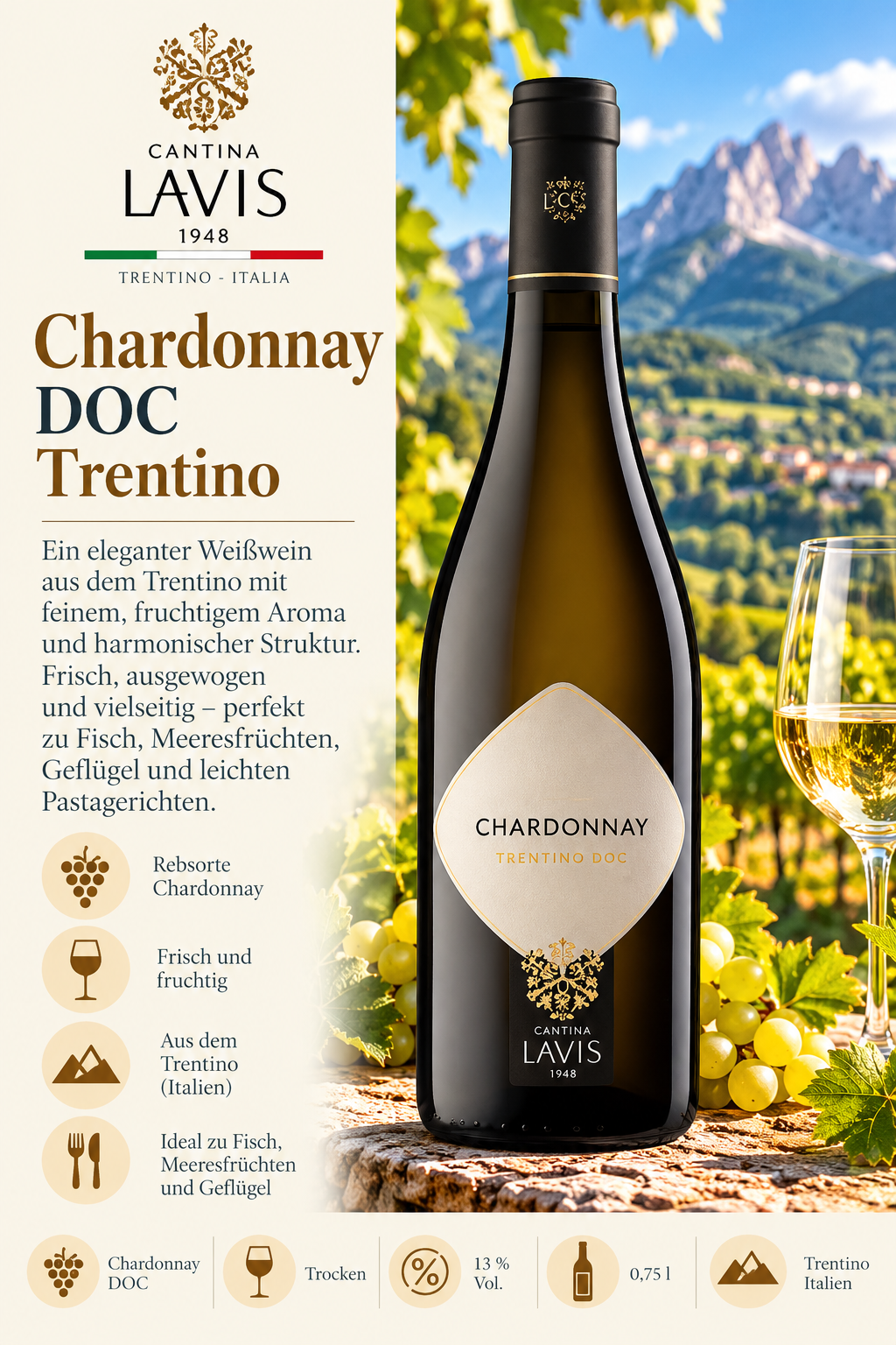 Chardonnay, Weißwein, Trentino, DOC, Flasche