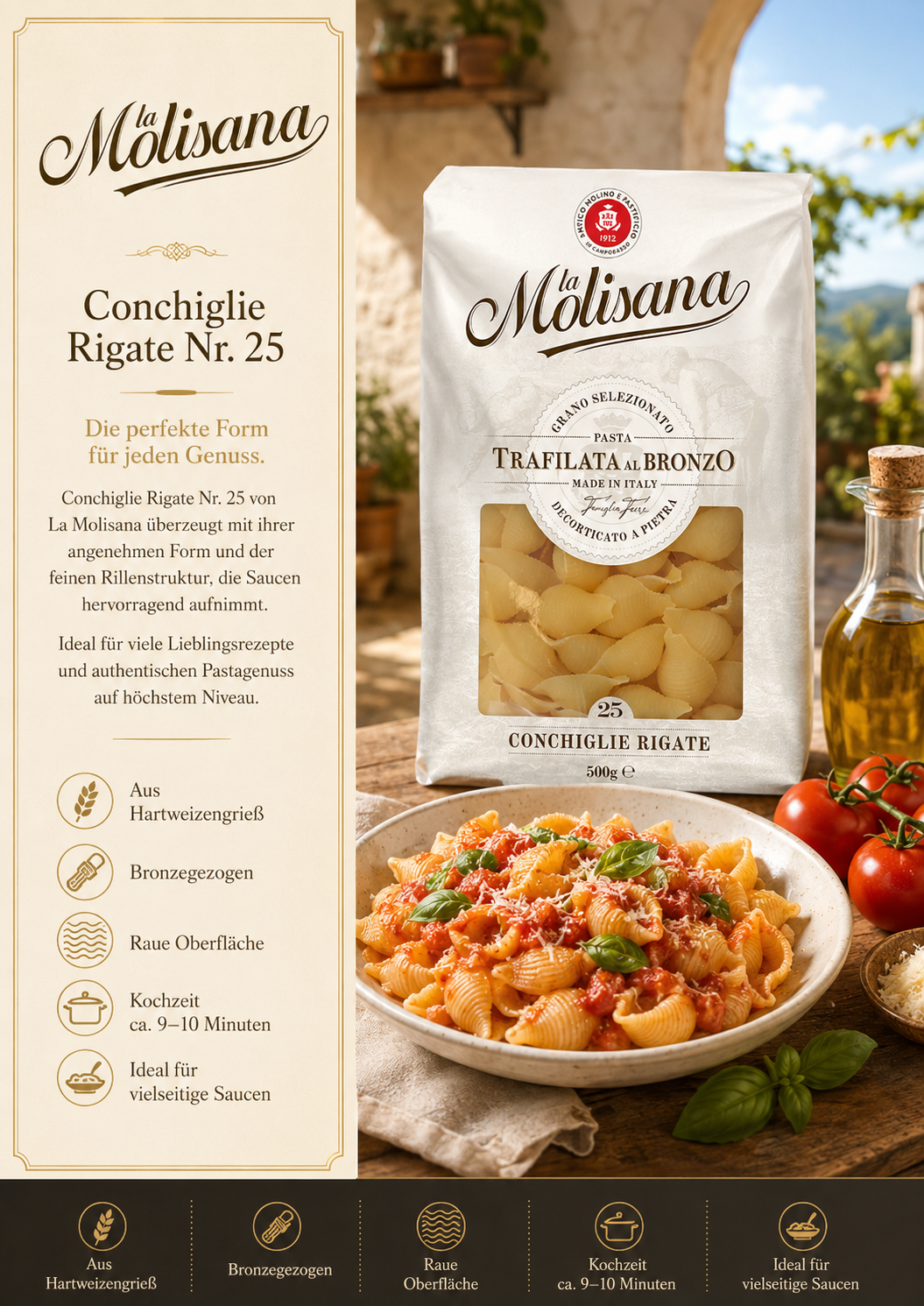 Conchiglie, Rigate, Pasta, Brushed bronze, 500g