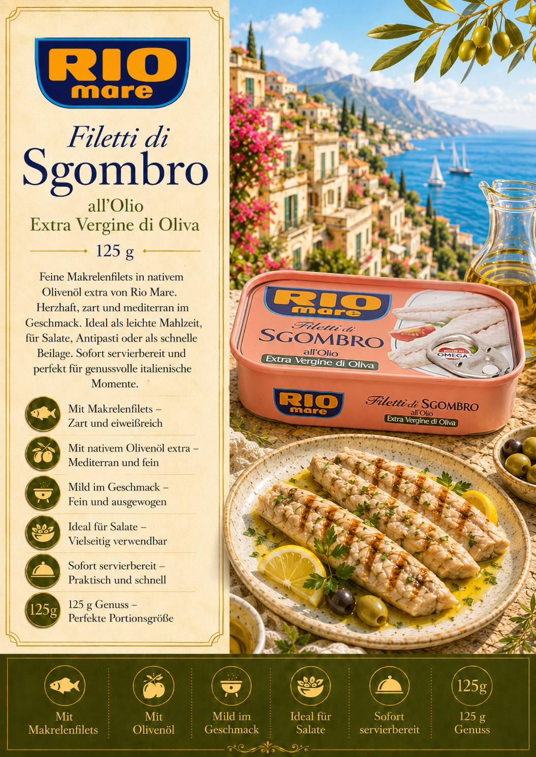 Sgombro Filetti, Olio extravergine di oliva, 125 g, Filetti di sgombro, Mediterran