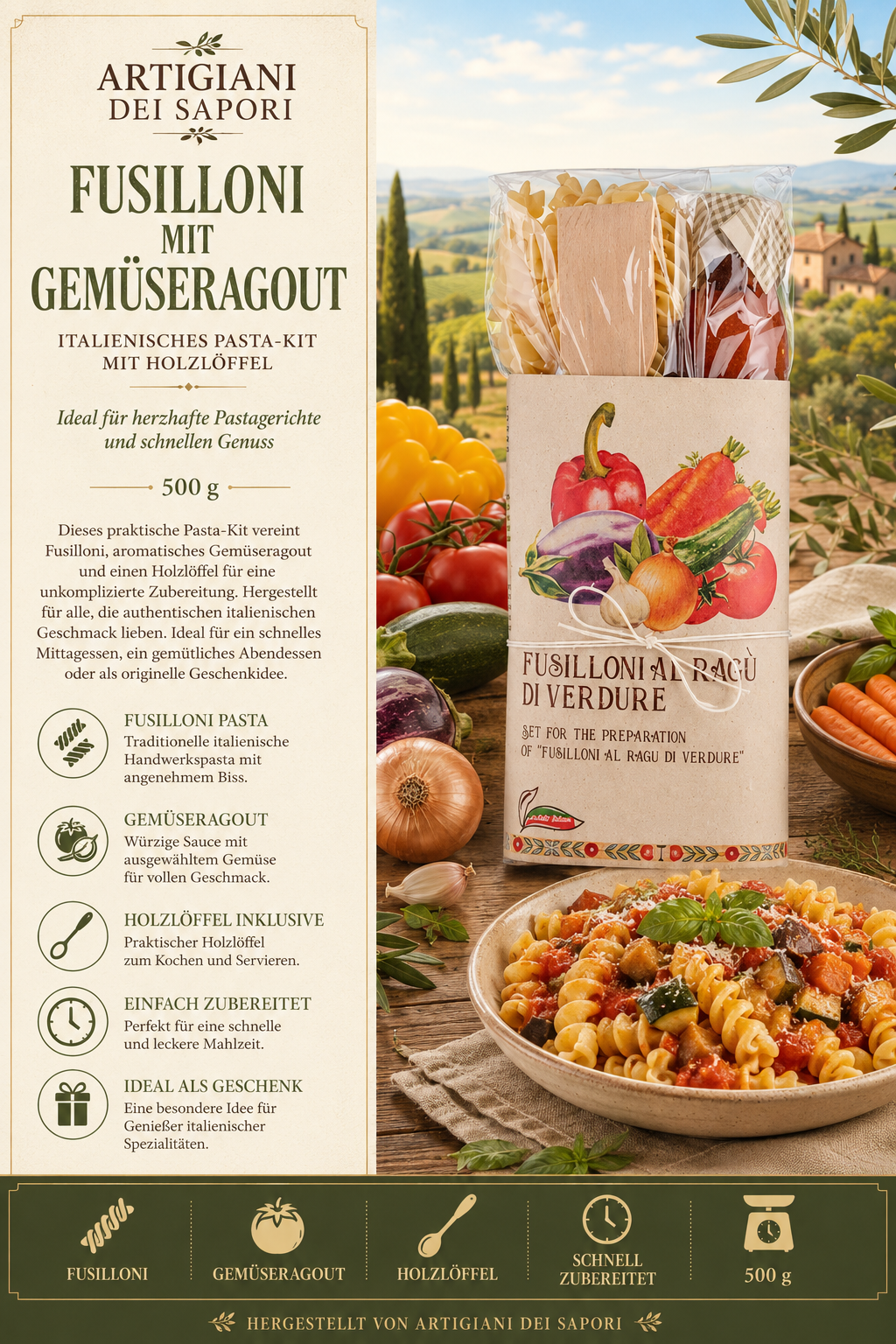 Pasta kit, Gemüsagout, Holzlöffel, Fusilloni, Italienische pasta