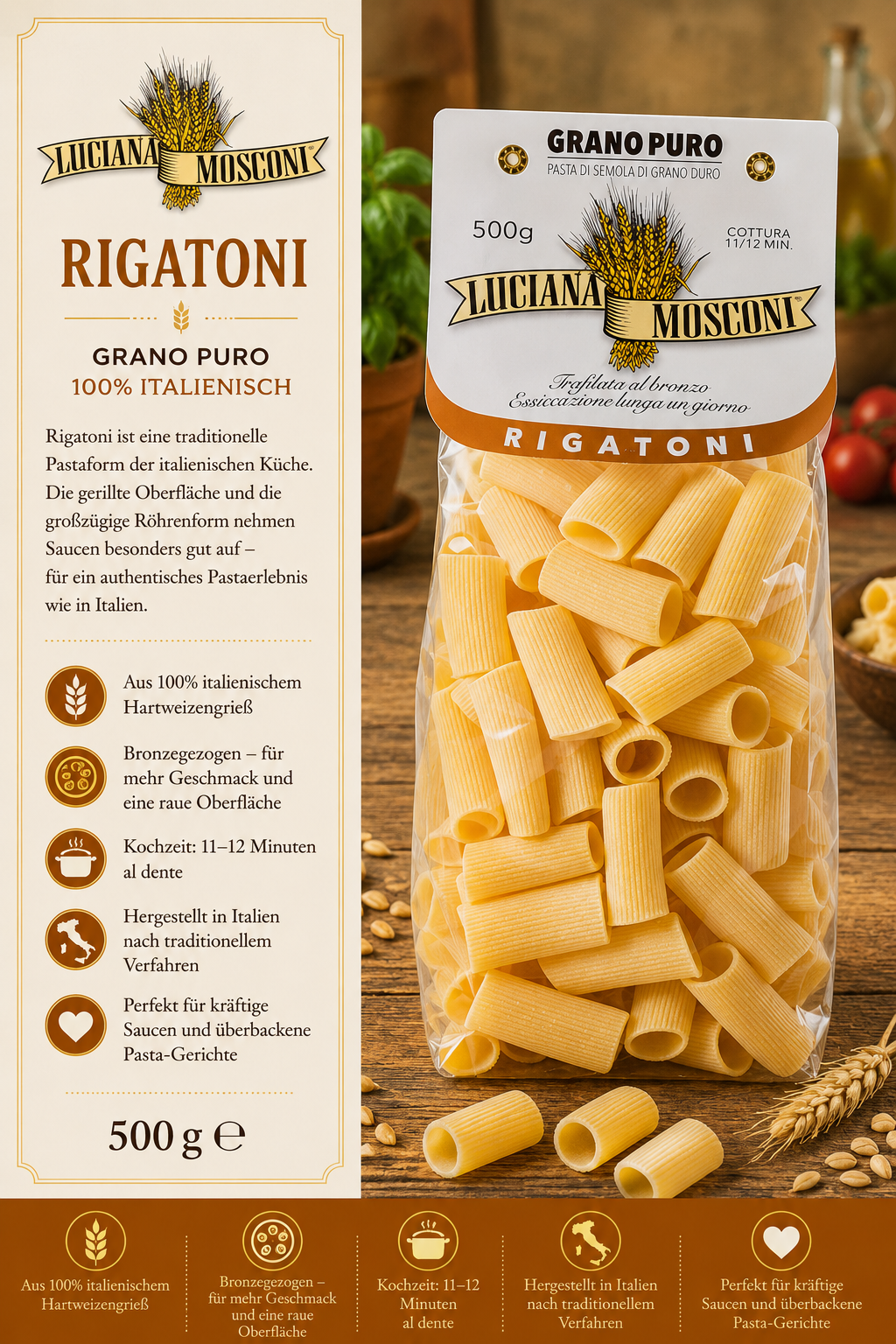 Rigatoni, Pasta, Grano Puro, 500 g, Italienisch