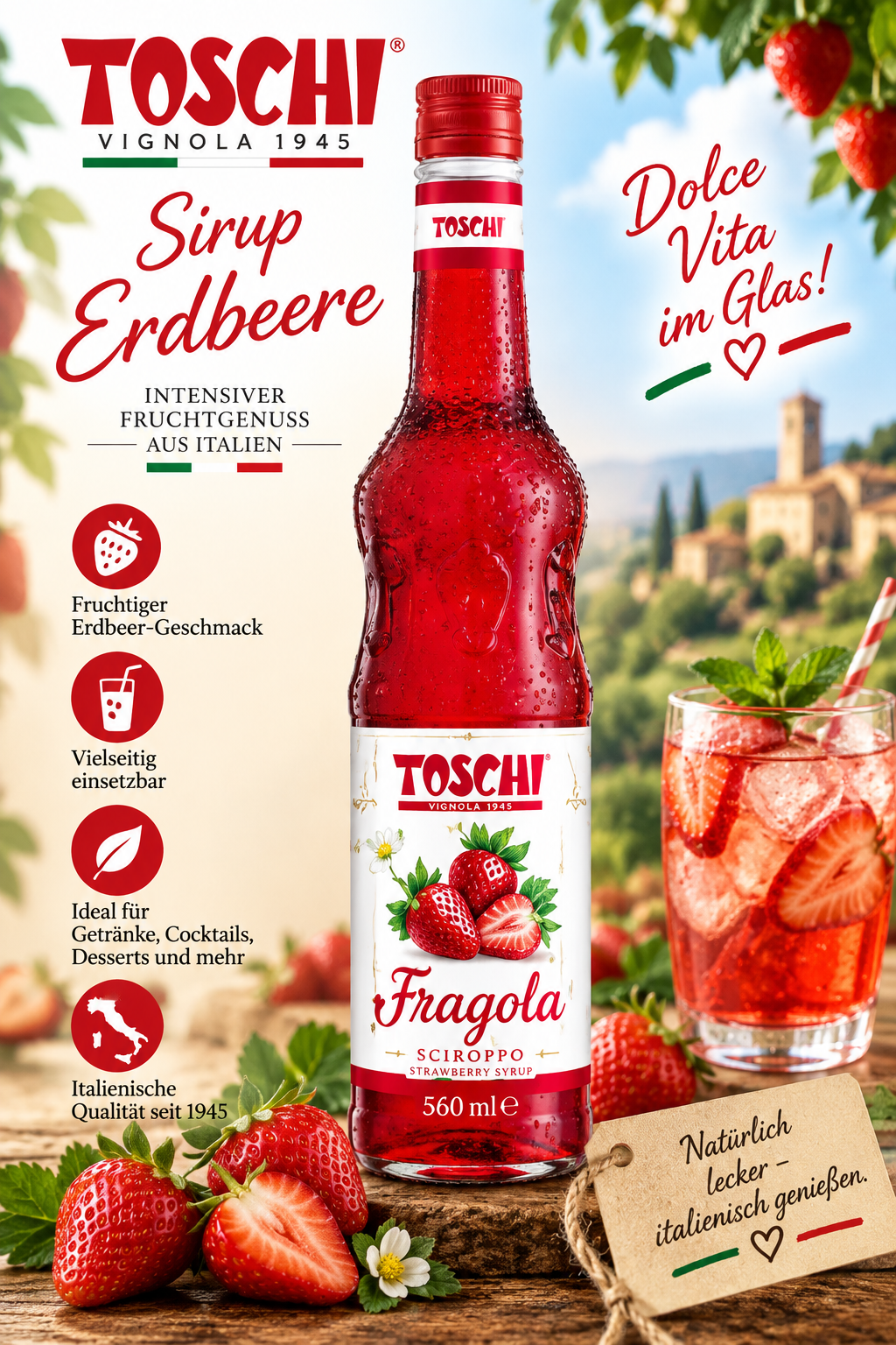 Erdbeere, Sirup, Fruchtig, Glasflasche, Italienisch