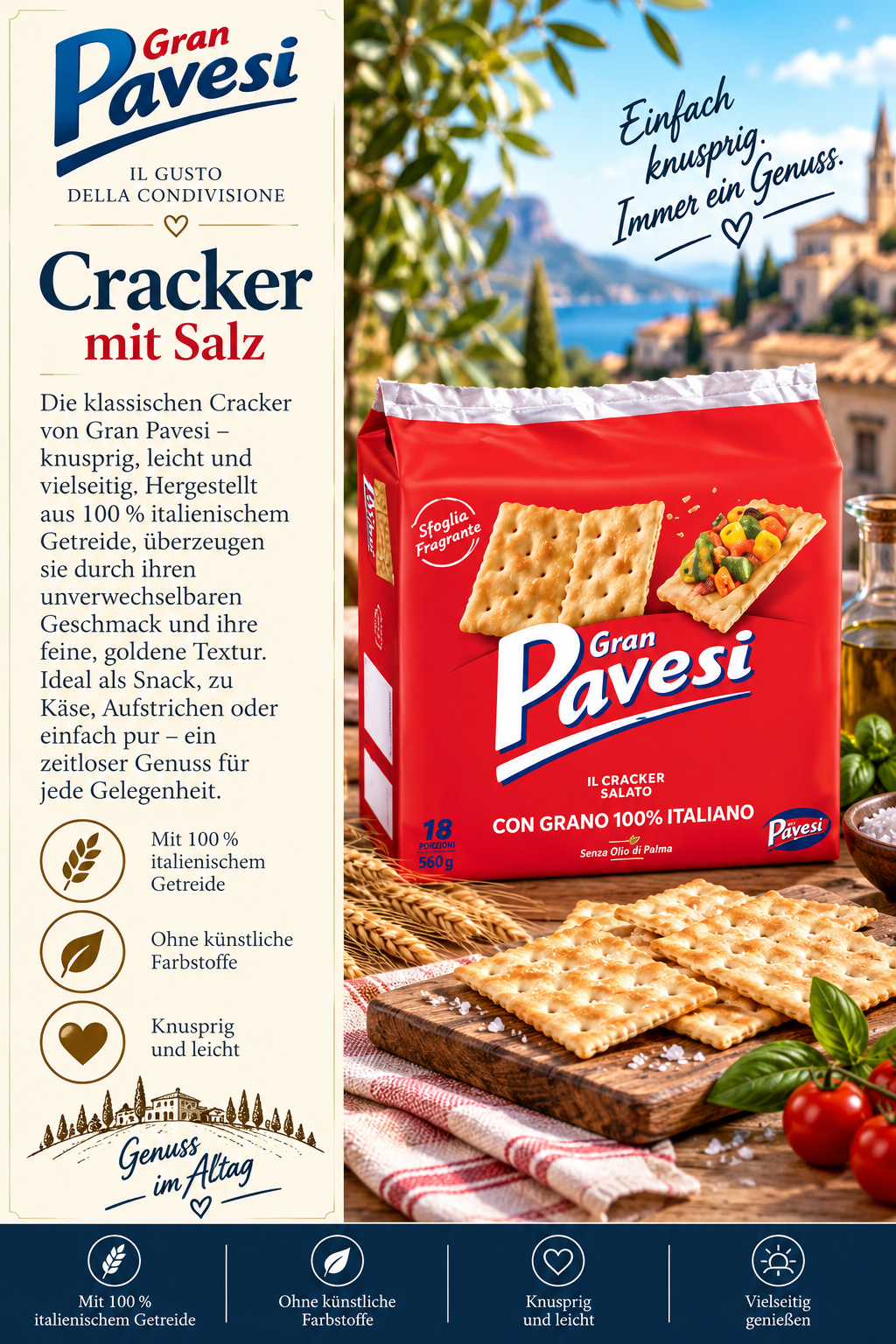 Cracker, mit Salz, Pavesi, Italienisches Getreide, Knusprig