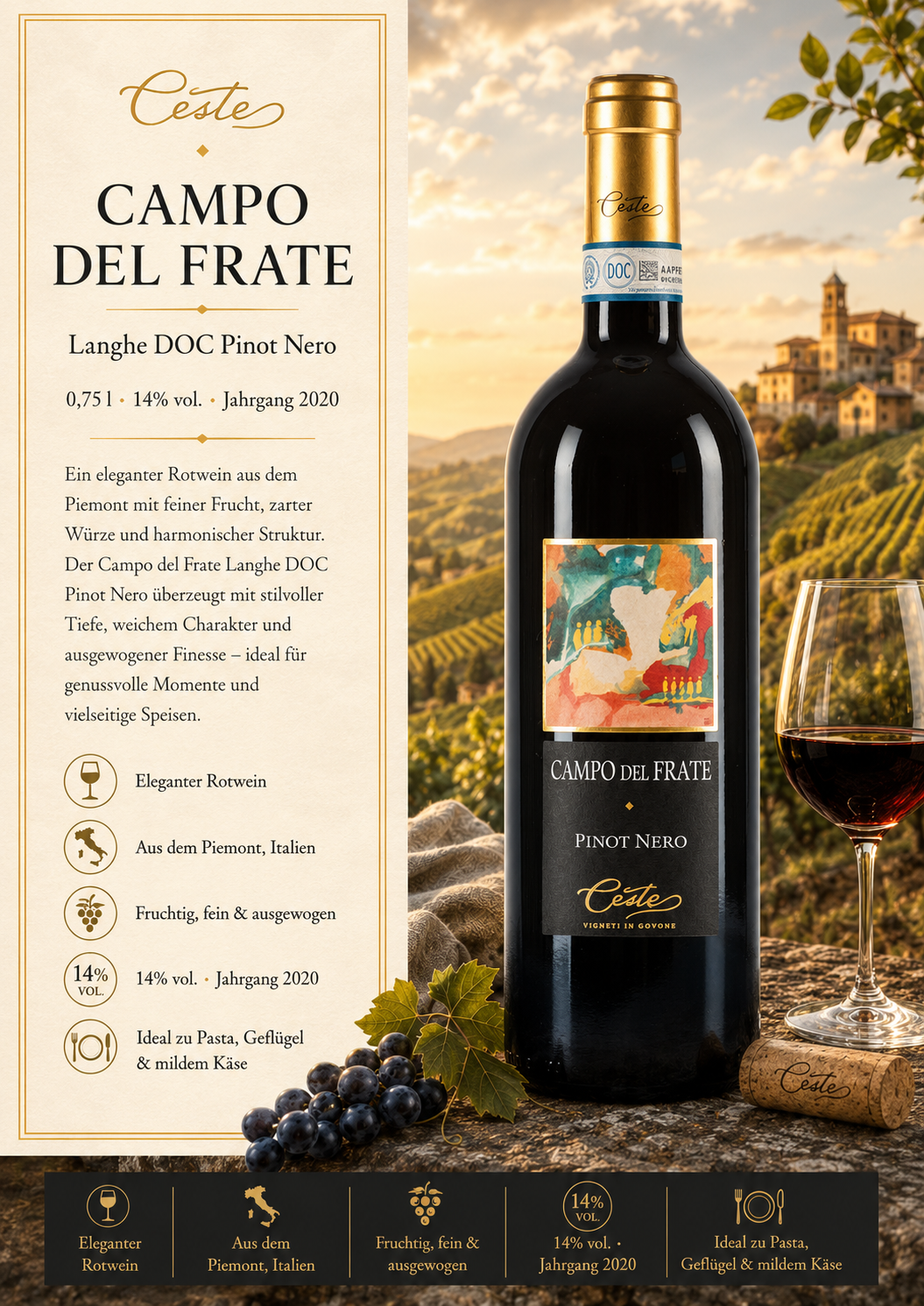 Weinflasche, Pinot Noir, Rotwein, Italien, Campo del Frate