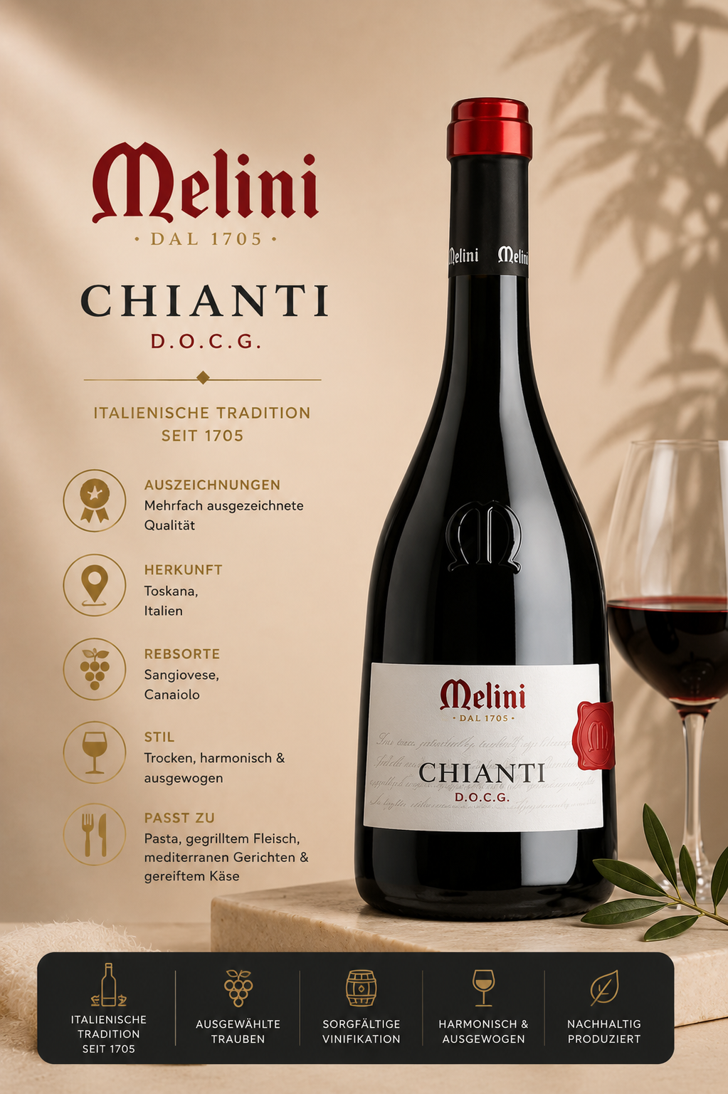 Chianti, Rotwein, Weinflasche, Italienisch, D.O.C.G.