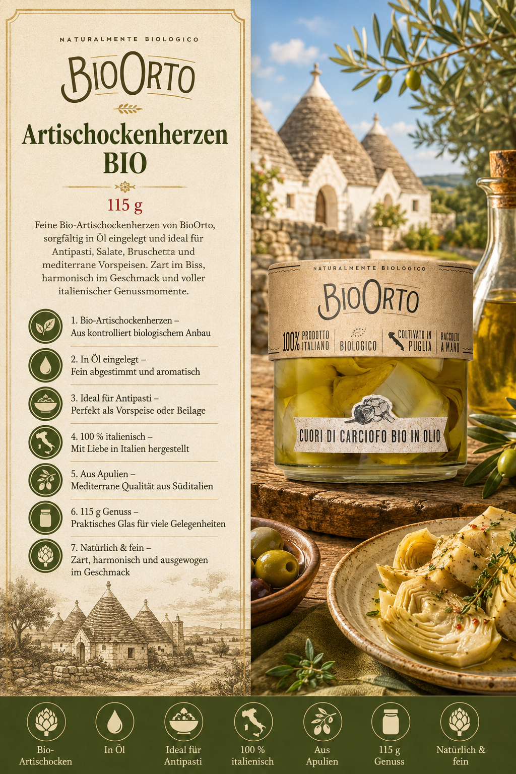 Artischockenherzen, BIO, Gläser, Olivenöl, Italienisch