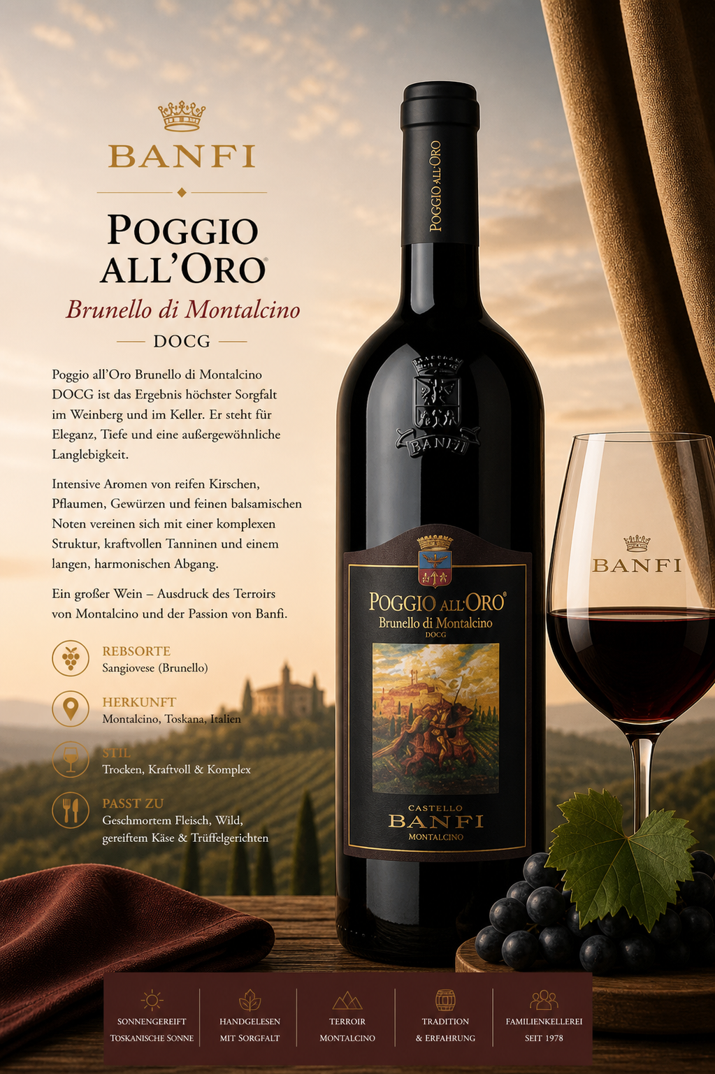 wein, rotwein, poggia all'oro, banfi, flasche