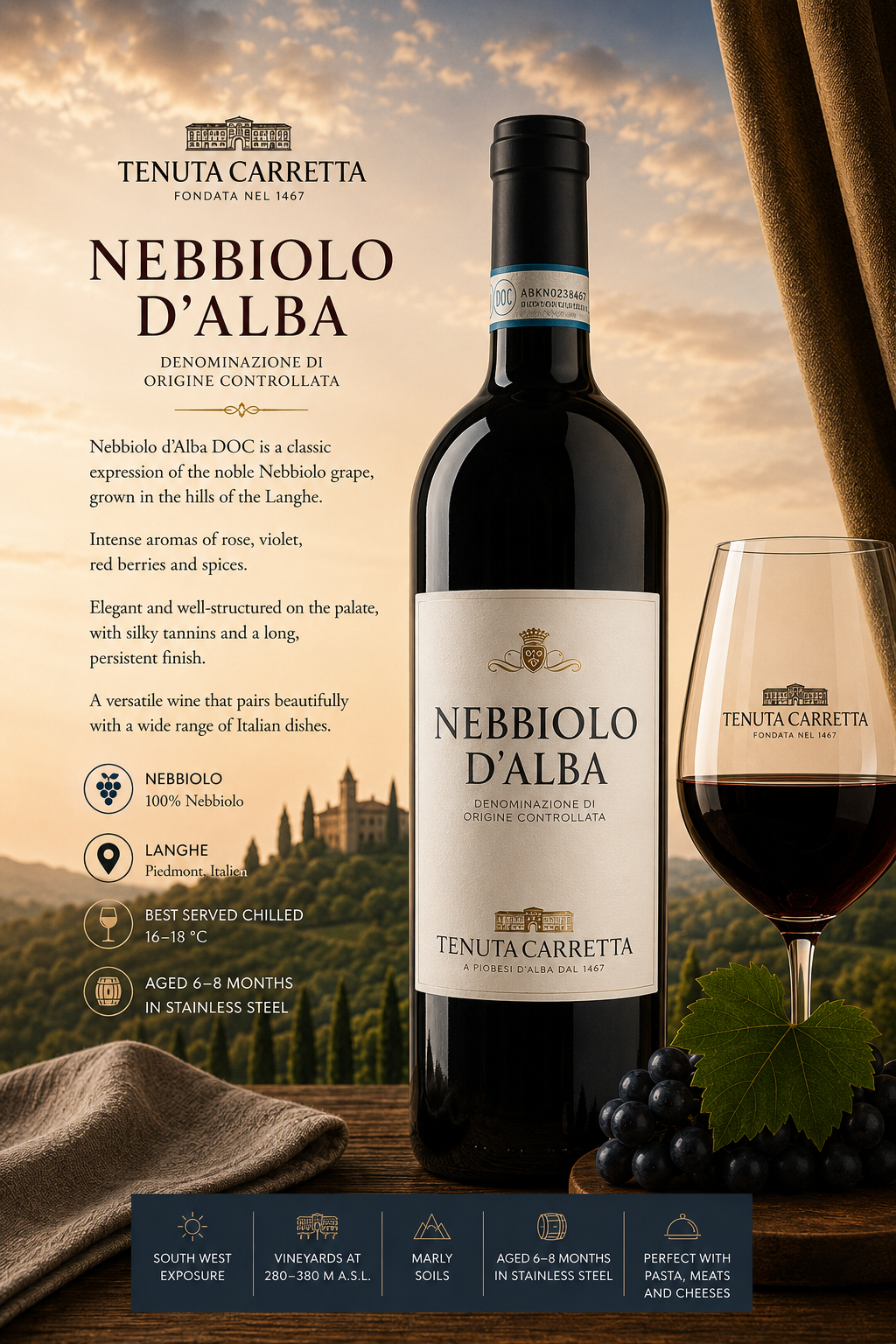 Nebbiolo d'Alba, Rotwein, Weinflasche, Glas Wein, Italienischer Wein, Wein, Nebbiolo, D'Alba, Rotwein, Flasche