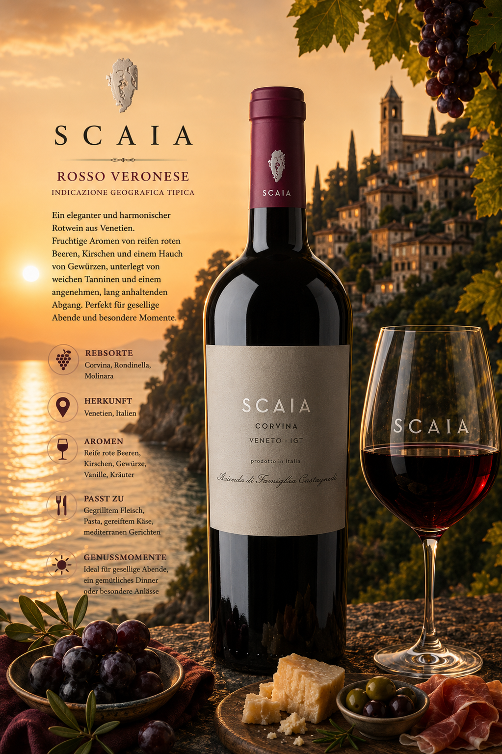 Corvina, Rotwein, Verona IGT, Italien, Etikettentraeger, Rotwein, Flasche, Etikett, Glas, Weinprobe