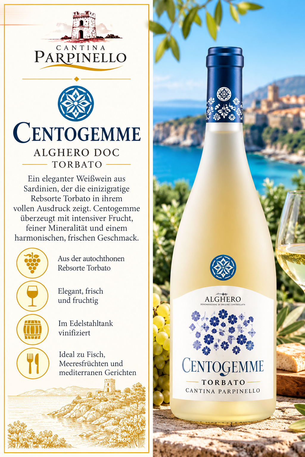Weißwein, Torbatto, Cantina Parpinello, Centogemme, Flasche