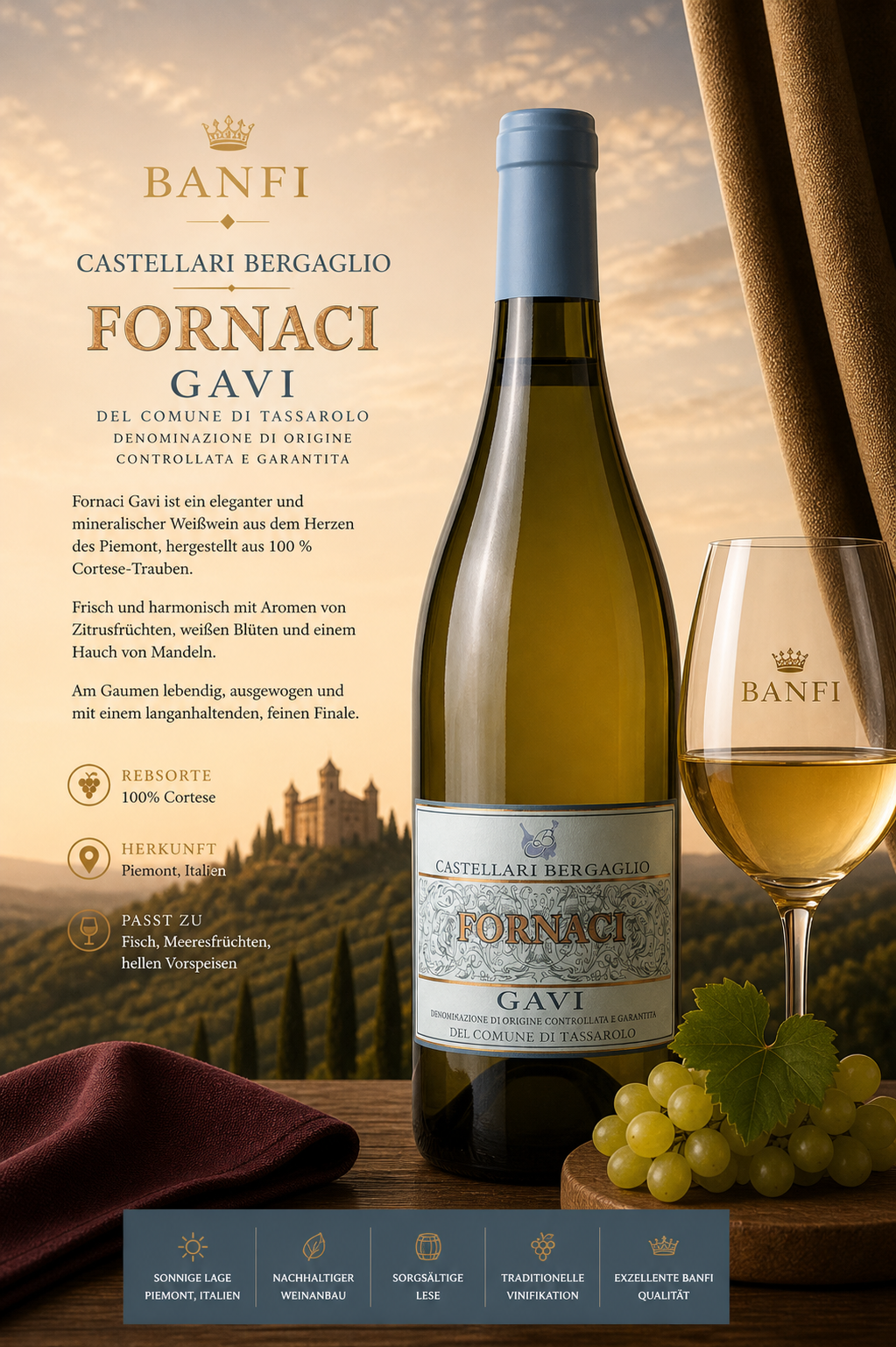 Weißwein, Fornaci Gavi, Piemonte, Bergoglio, Weinflasche