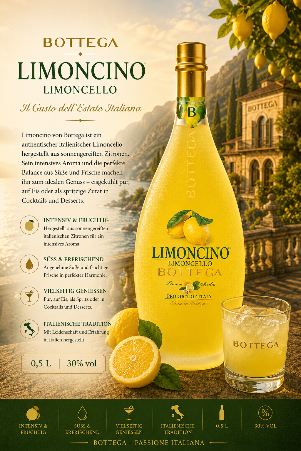 Limocello, Bottlega, Limoncello Bottiglia,  Zitronenlikör, 0,5L 30% vol