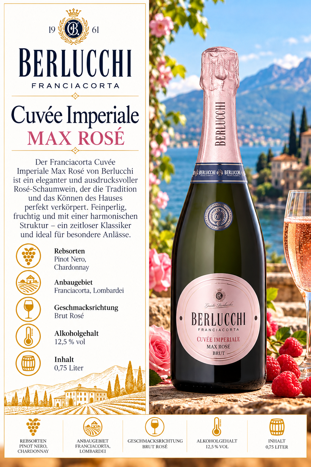 Sekt, Rosé, Flasche, Berlucchi, Cuvée Imperiale