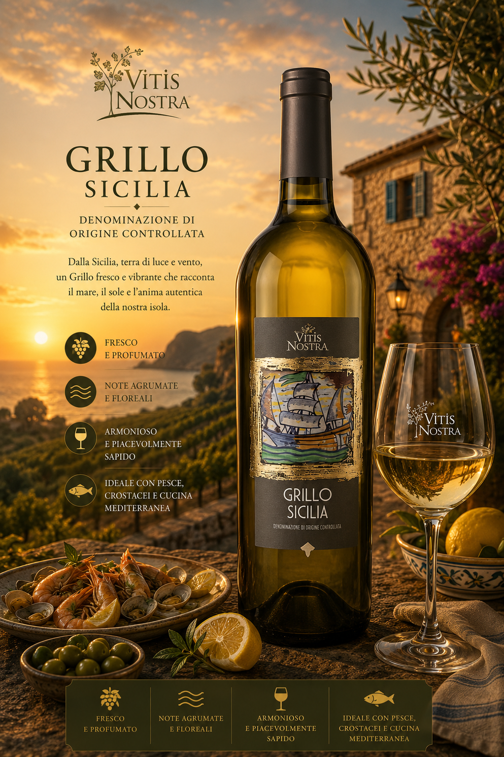 Weißwein, Grillo, Sizilien, Flasche, Weinglas