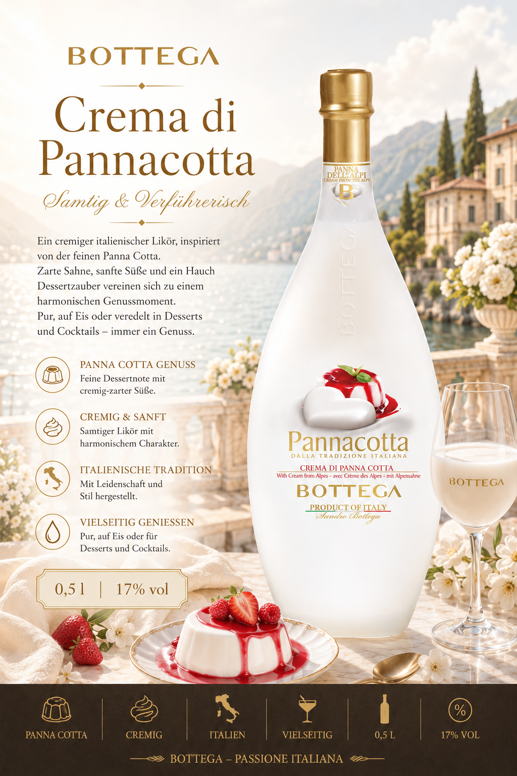Likör, Pannacotta, Crema di Pannacotta, Italienische Tradition, Flasche 0,5 L