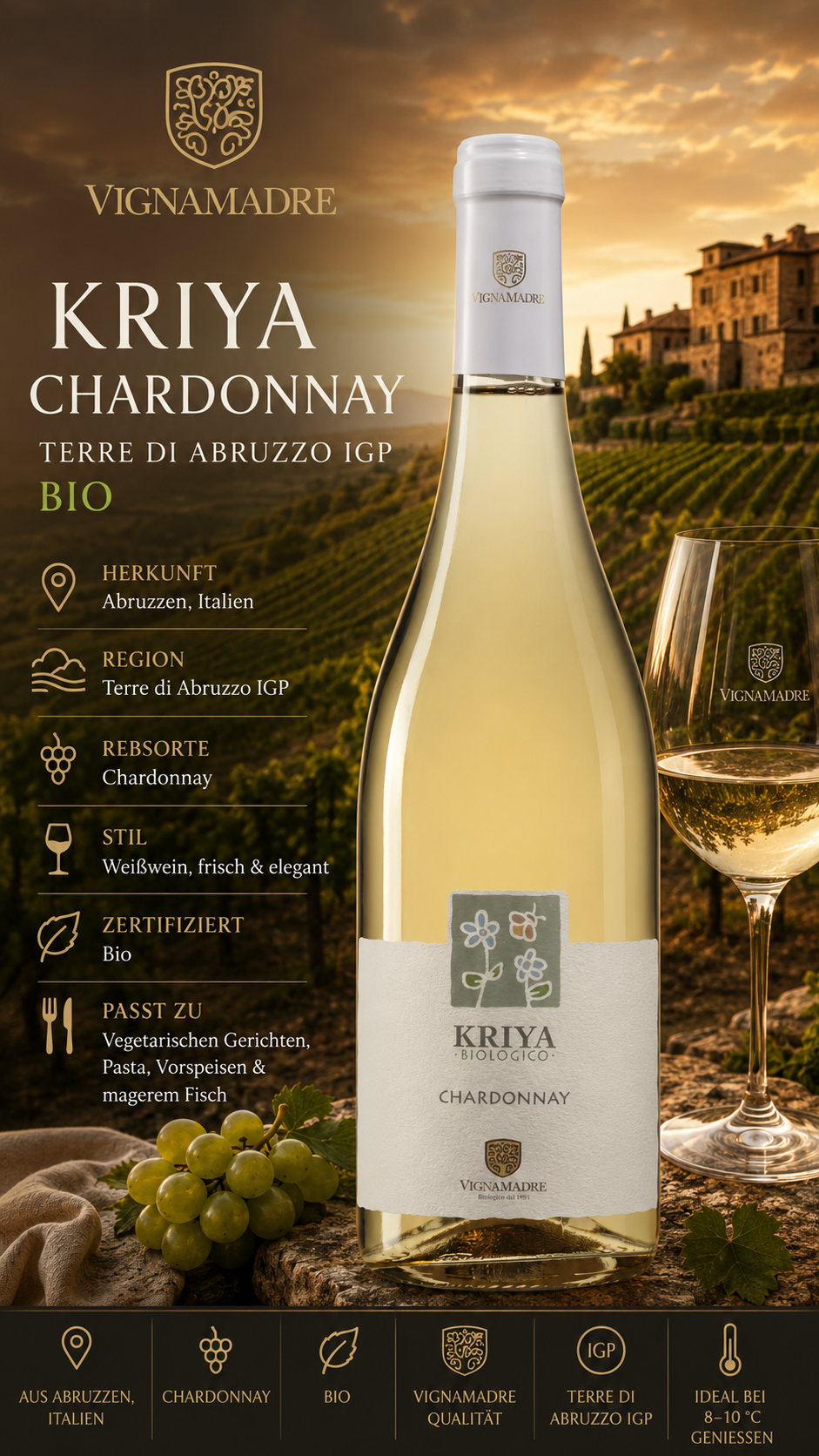 weisswein, chardonnay, bio, flasche, weinberglandschaft
