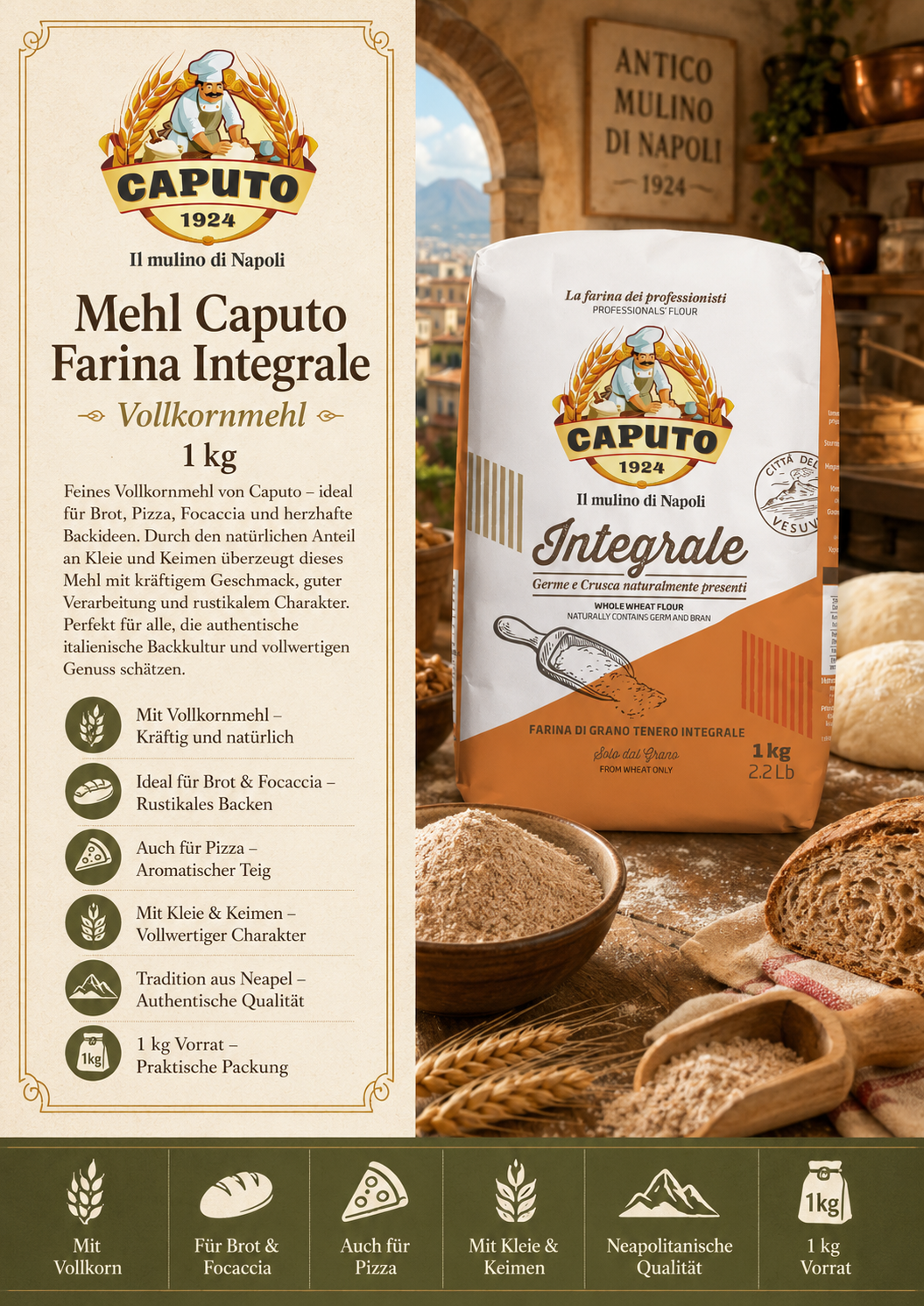 Mehl Caputo, Vollkornmehl, 1 kg, Integralmehl, Brotpizza
