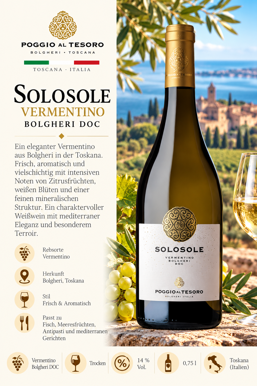 Vermentino, Vermentino Bolgheri, Sole Sole, Toscana Italia, Weißwein
