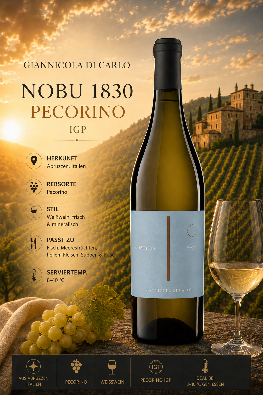 Weißwein, Pecorino, IGP, Flasche, Weinglas