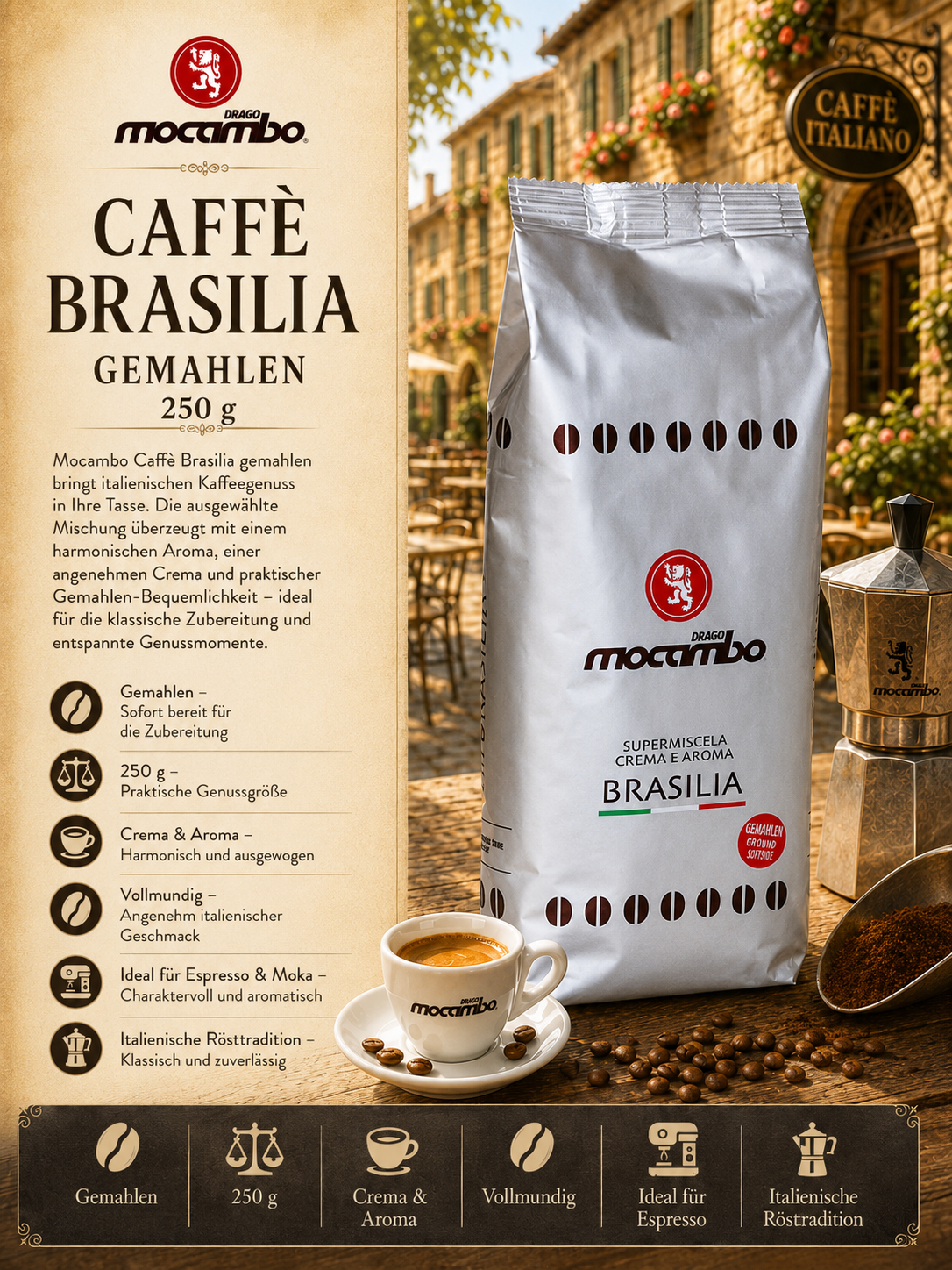 Kaffee, Kaffee-Brasilia, Gemahlen, 250 g, Kaffeebohnen