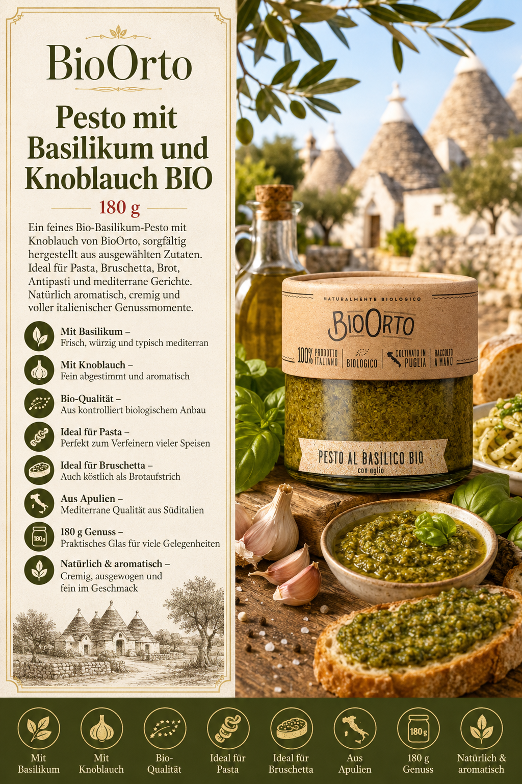 Pesto, Basilikum, Knoblauch, Bio-Qualität, Glasbehälter