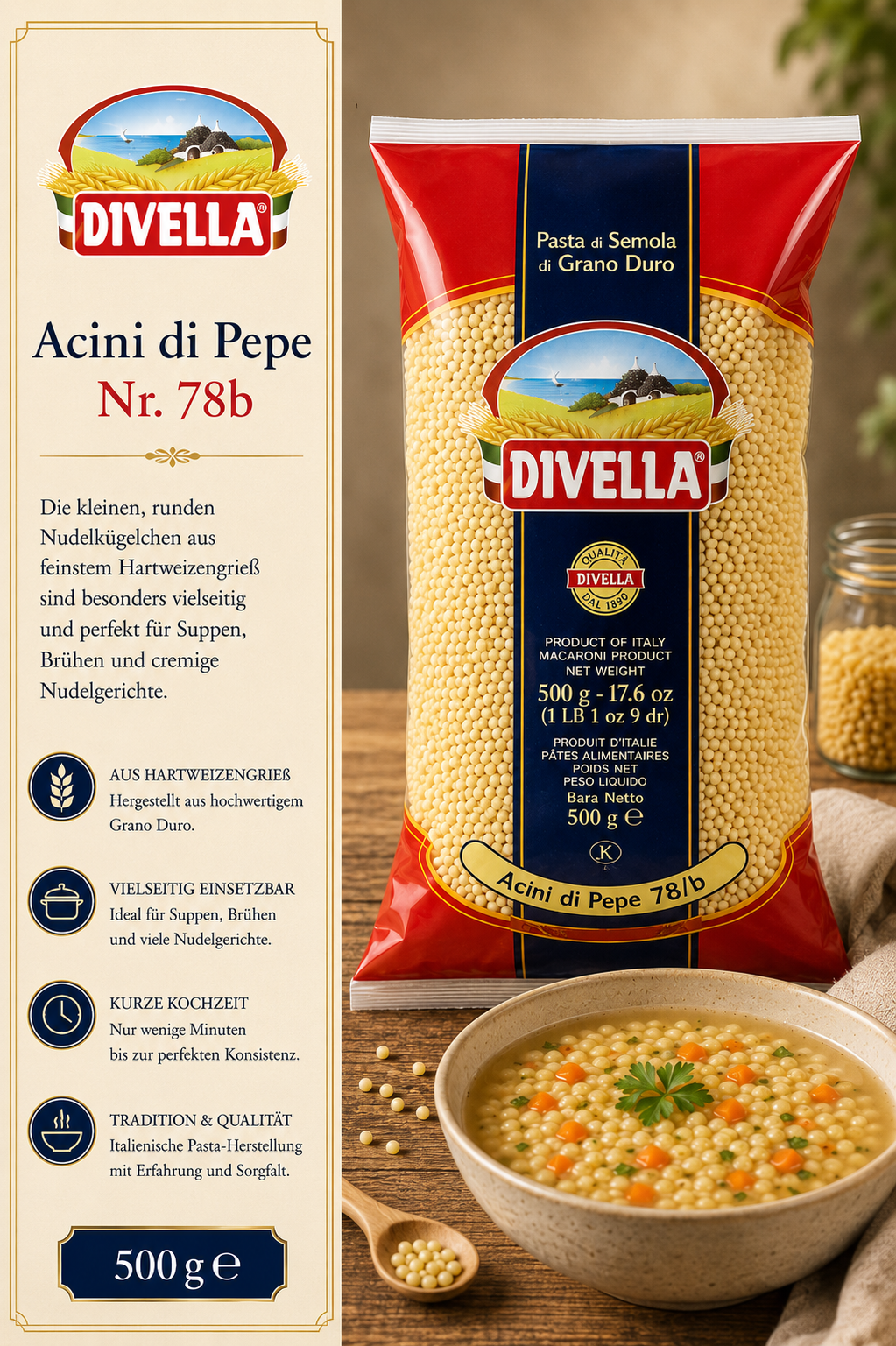 Pasta, Grobkorn, Divella, Acini di Pepe, 500 g